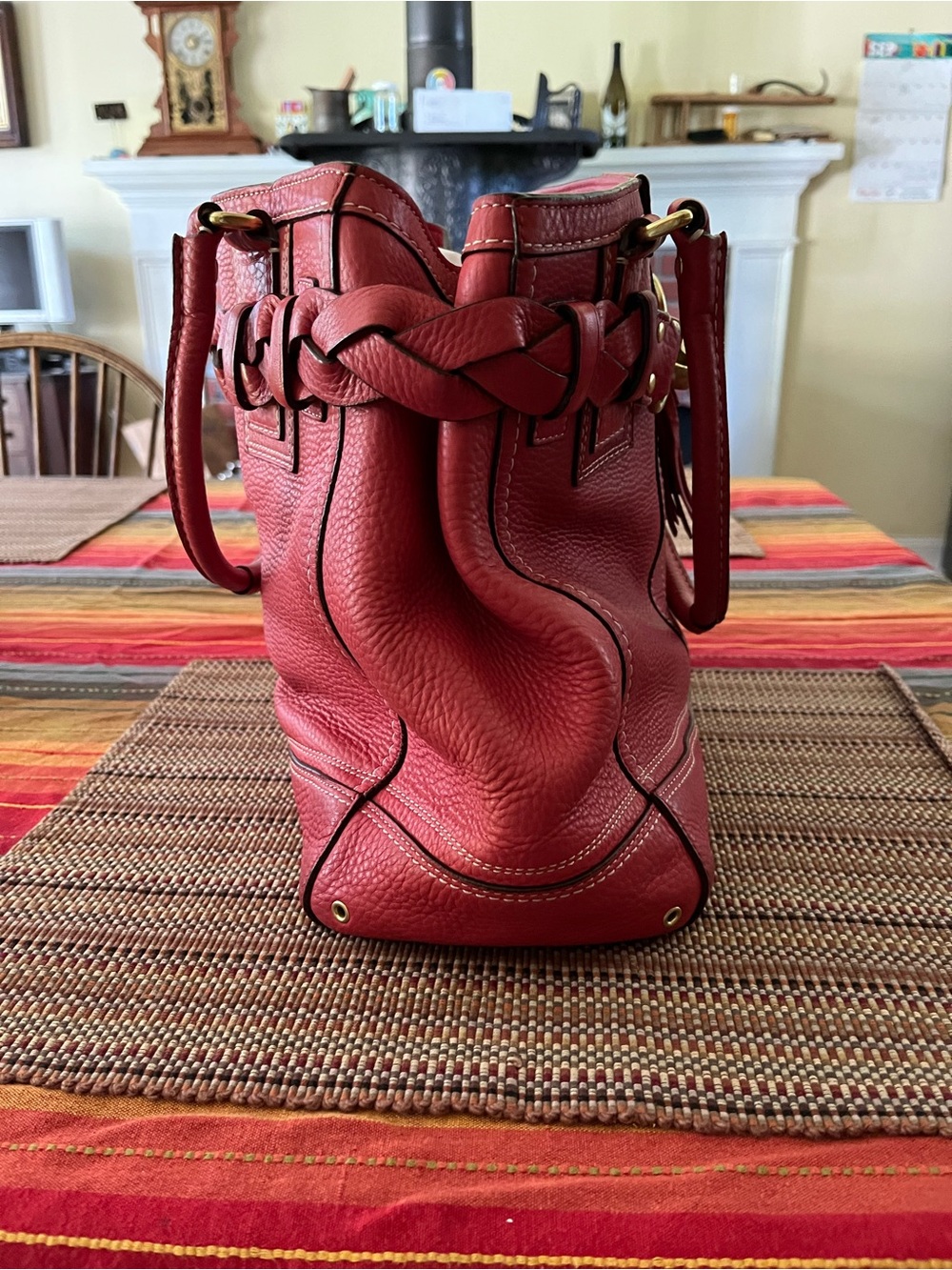 Vintage Coach Coral Red Pebbled Leather Satchel with Brass Bridle Hardware - Picture 4 of 6